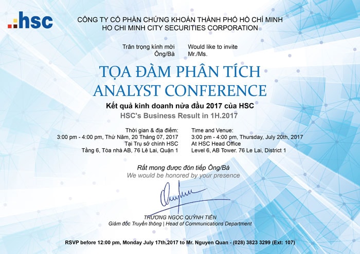 Analyst Briefing Invitation - HSC's Business result in 1H.2017